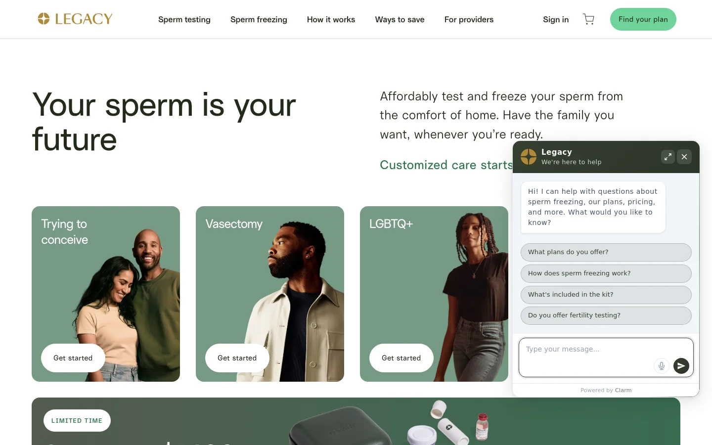 The desktop homepage features a clean layout with a white header containing navigation links and a green 'Find your plan' button. The hero section has a large headline 'Your sperm is your future' on the left and a subheadline on the right, set against a white background. Below, three vertical cards with rounded corners display different service paths—Trying to conceive, Vasectomy, and LGBTQ+—each featuring a lifestyle photo of people and a 'Get started' button.