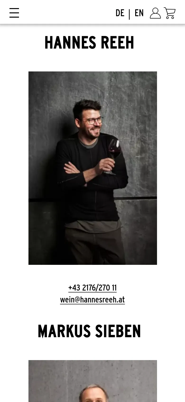 The mobile version presents the same team portraits and contact information but in a single-column vertical stack. The header is simplified with a hamburger menu icon, language selectors, a user icon, and a shopping cart icon at the top.