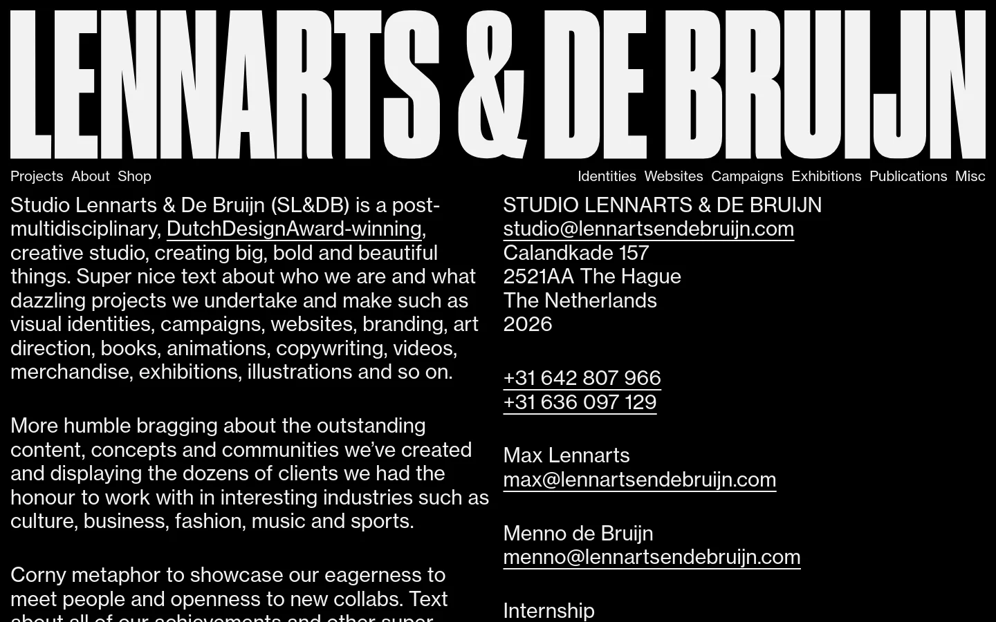 The desktop version features a minimalist design with a large, bold black typography header for 'LENNARTS & DE BRUIJN' against a white background. The layout uses two columns: the left column contains descriptive text about the studio, while the right column lists contact information and email addresses in a clean, sans-serif font.