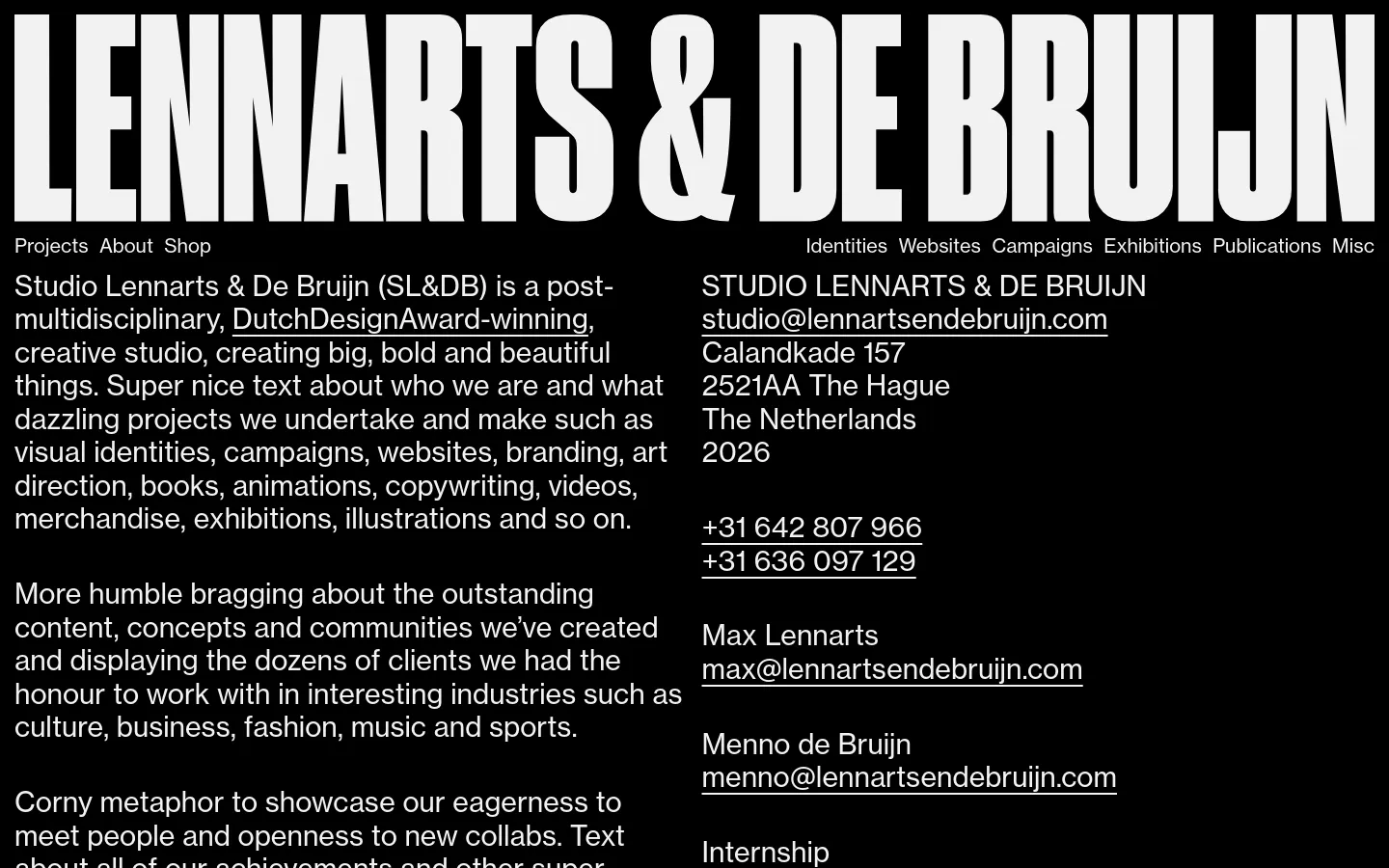 The desktop version features a minimalist design with a large, bold black typography header for 'LENNARTS & DE BRUIJN' against a white background. The layout uses two columns: the left column contains descriptive text about the studio, while the right column lists contact information and email addresses in a clean, sans-serif font.