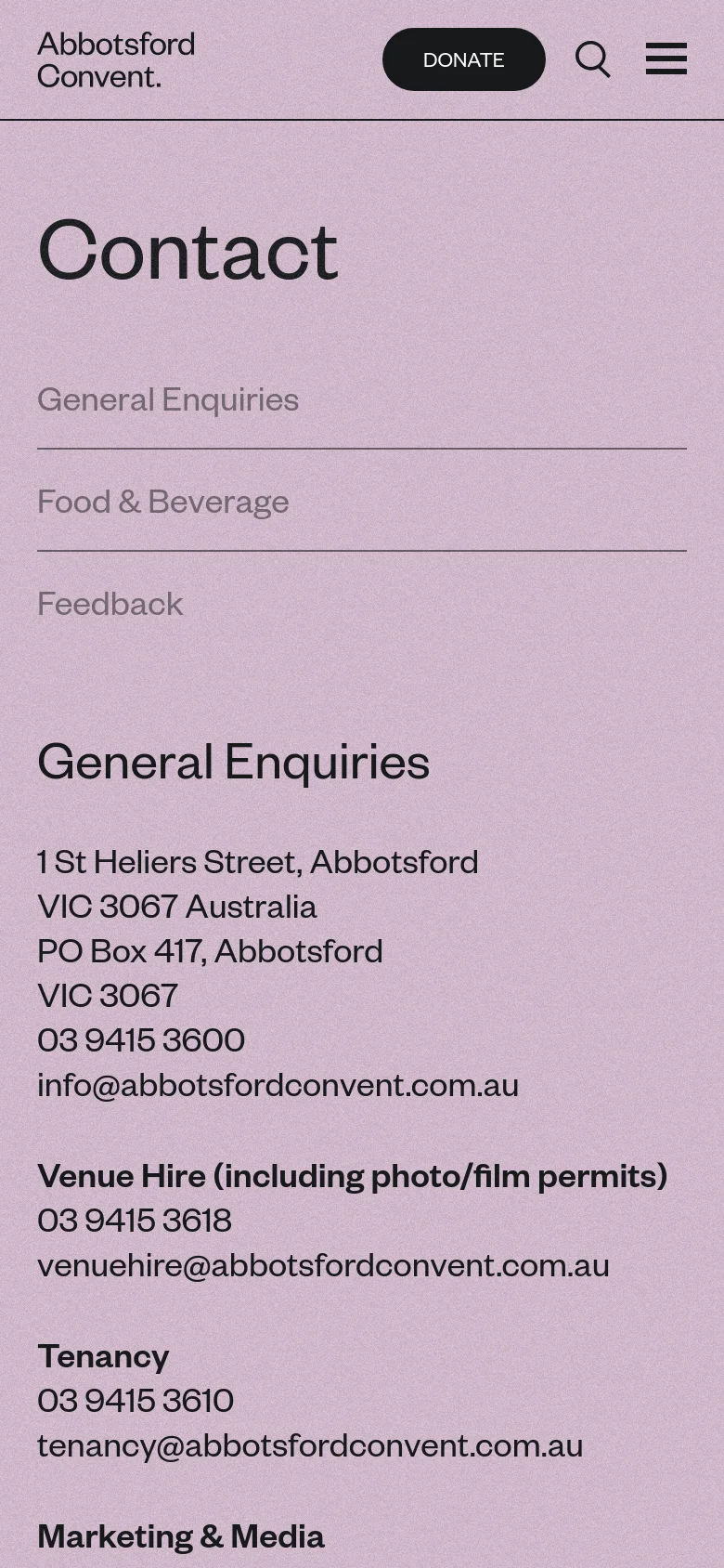 The mobile version maintains the lavender textured background but uses a condensed layout with a hamburger menu and a prominent 'DONATE' button in the header. The content is stacked vertically, starting with the 'Contact' heading and a simplified list of enquiry categories before displaying the detailed contact information for General Enquiries.