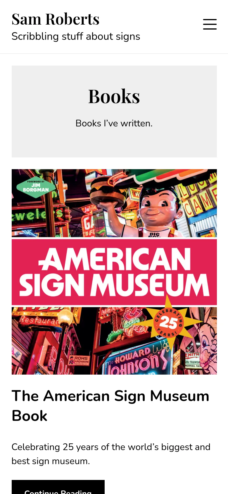 The mobile version uses a single-column layout optimized for vertical scrolling. The header is condensed with a hamburger menu icon on the right, and the 'Books' hero section spans the width of the screen. Book entries are stacked vertically, with large images followed by text and links.