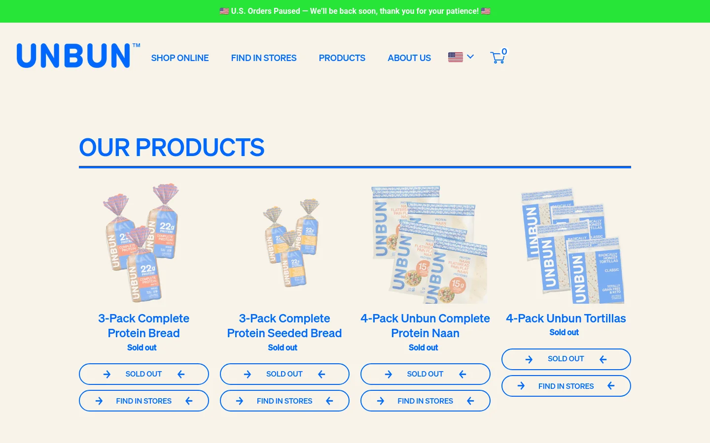 The desktop shop page features a clean, minimalist layout with a white background and blue accents. Under the 'OUR PRODUCTS' heading, a grid displays various Unbun food products, including bread and naan packs, with each item showing a product image, title, 'Sold out' status, and blue-outlined buttons for 'SOLD OUT' or 'FIND IN STORES'.