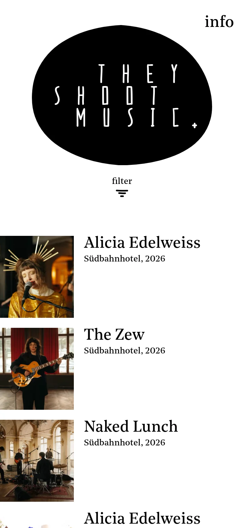 The mobile version presents a single-column vertical scroll of the music photography and artist details. The large circular 'THEY SHOOT MUSIC' logo is prominently centered at the top, followed by a stacked list of large images and text descriptions for each shoot.