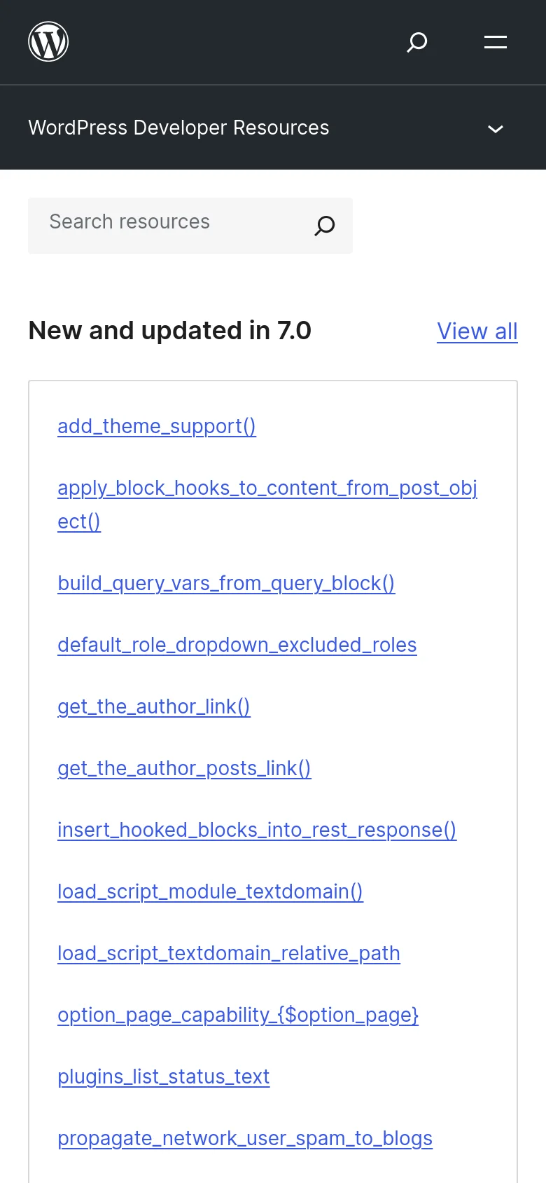 The mobile version simplifies the layout into a single vertical column. The header features a hamburger menu and search icon, while the content displays the search bar followed by the 'New and updated in 7.0' list of links, with the 'API reference' section appearing below it.