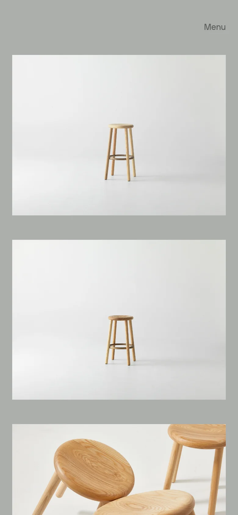 The mobile version simplifies the layout, presenting a single-column vertical scroll of large product images. The navigation menu is condensed, and the focus shifts entirely to the visual presentation of individual furniture items like stools and tables.