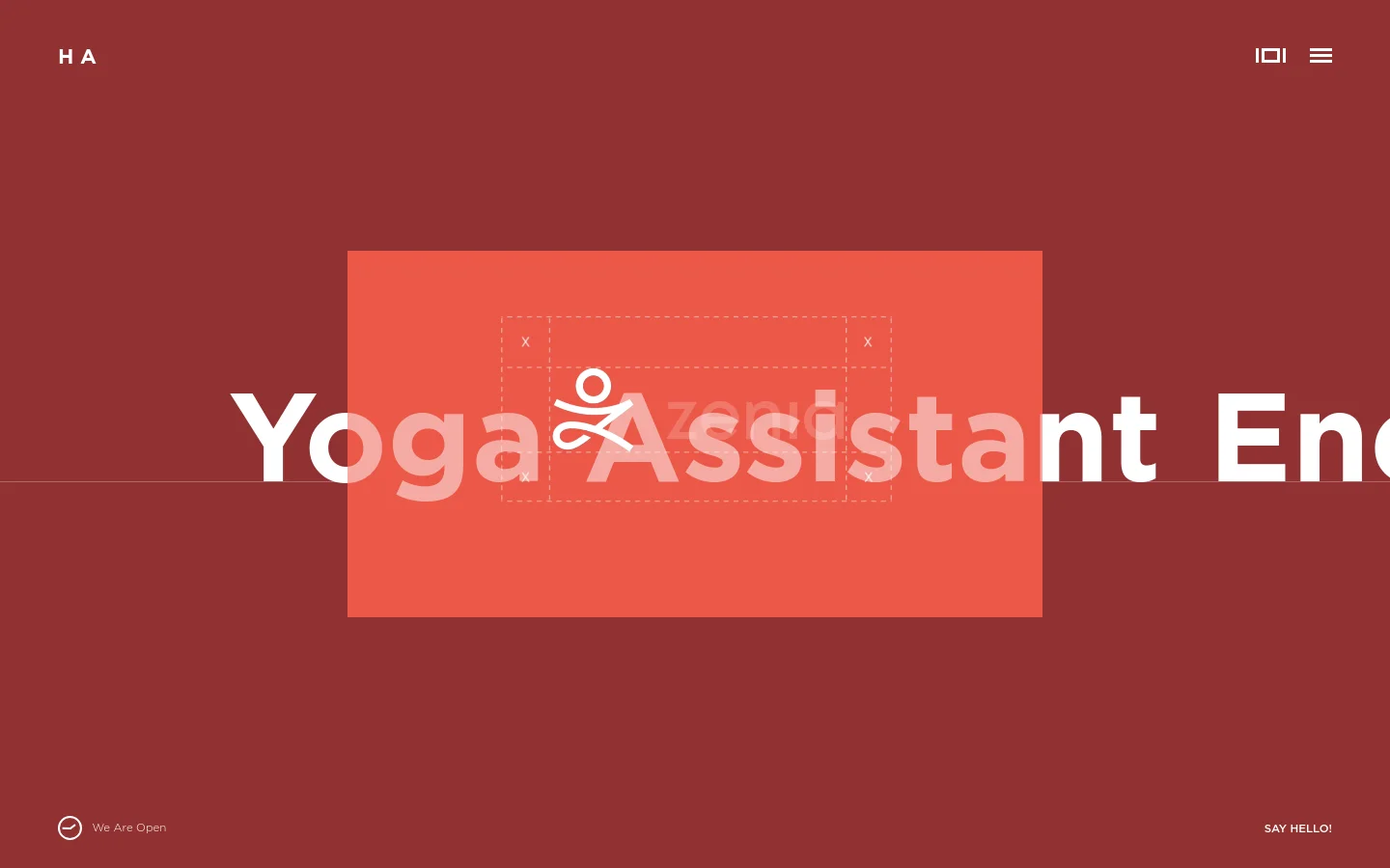 The desktop homepage features a deep red background with a large, centered coral-colored rectangle. Overlaid on the rectangle is a white stylized icon of a person in a yoga pose and large, bold white text that reads 'Yoga Assistant En'. The top navigation includes a minimalist 'HA' logo on the left and a menu icon on the right, while the footer contains 'We Are Open' and 'SAY HELLO!' text.