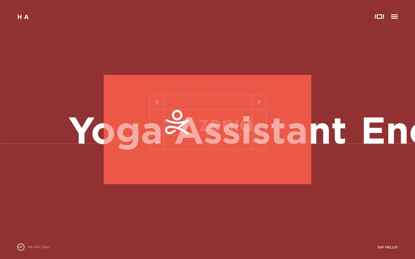 The desktop homepage features a deep red background with a large, centered coral-colored rectangle. Overlaid on the rectangle is a white stylized icon of a person in a yoga pose and large, bold white text that reads 'Yoga Assistant En'. The top navigation includes a minimalist 'HA' logo on the left and a menu icon on the right, while the footer contains 'We Are Open' and 'SAY HELLO!' text.