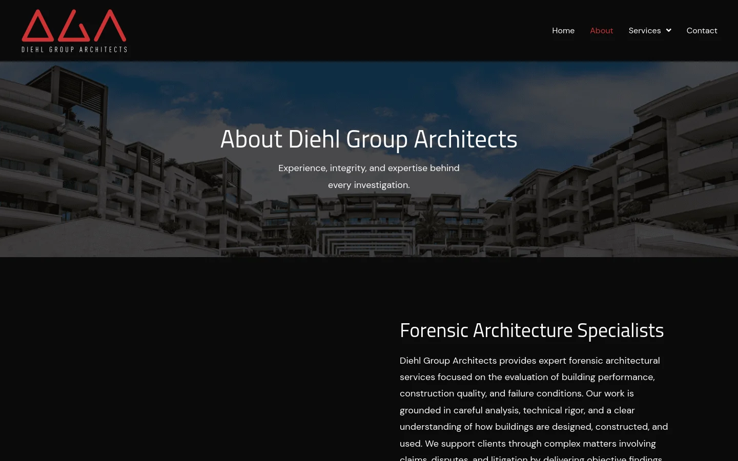 The desktop page features a dark header with the Diehl Group Architects logo and navigation links. A large hero section shows a modern multi-story building under a blue sky with the headline 'About Diehl Group Architects' and a subheadline. Below, a section with a dark background introduces 'Forensic Architecture Specialists' next to white text, followed by a wide image of professionals discussing plans at a construction site.