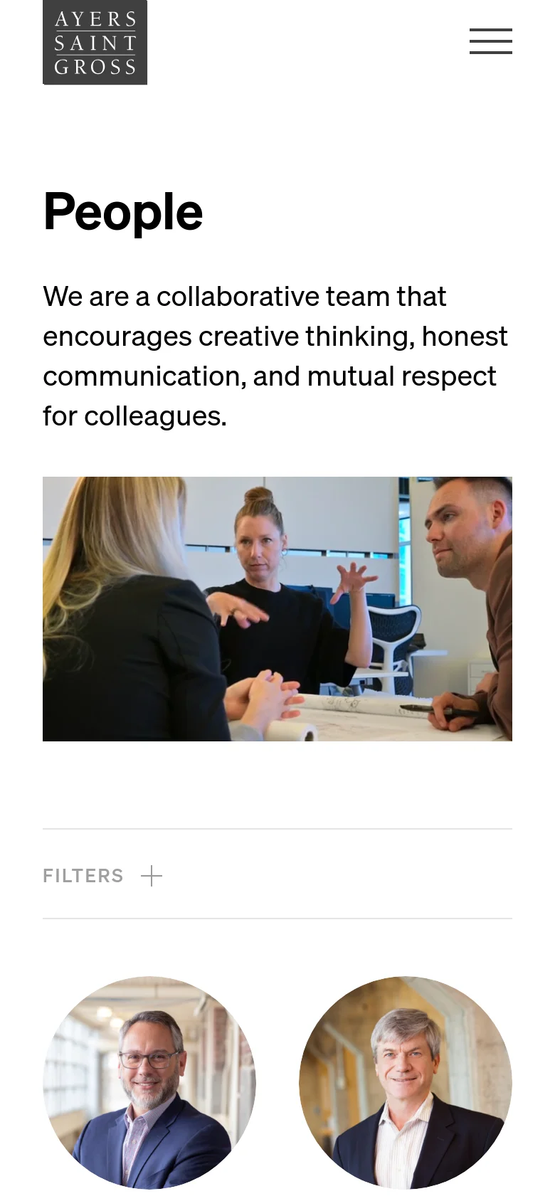 The mobile version maintains the white background and 'People' headline but stacks the introductory text above a smaller, rectangular hero image. The filter section is condensed into a single 'FILTERS' line with a plus icon, and the staff portraits appear in a single-column vertical layout.