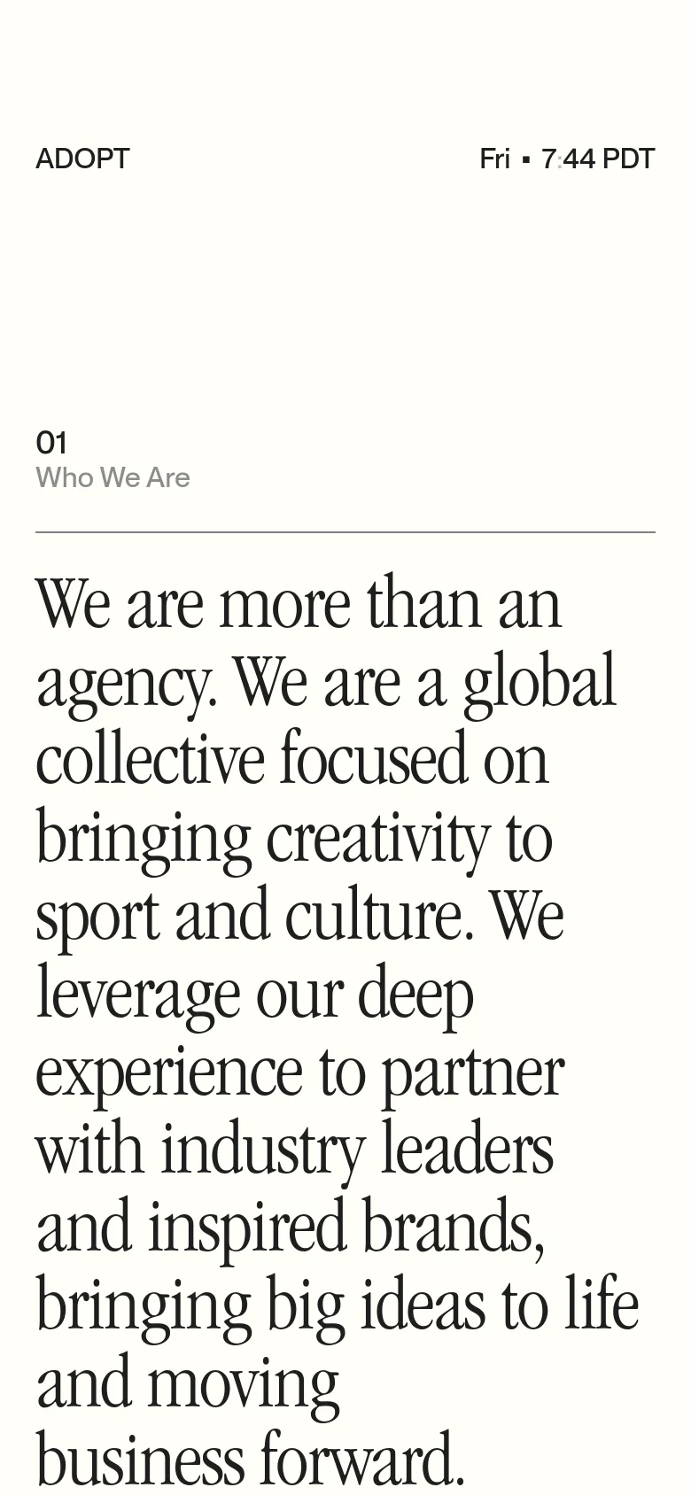 The mobile version maintains the minimalist white and black aesthetic but uses a single-column vertical layout. The large serif headline is stacked to fit the narrow screen width, and the service descriptions are arranged sequentially below it.