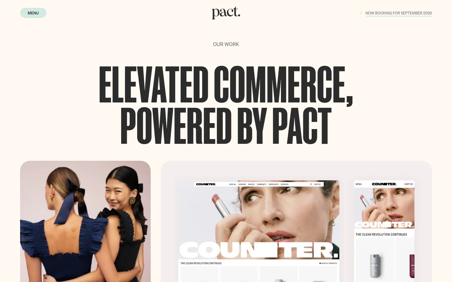 The desktop page features a minimalist cream background with a large, bold black headline reading 'ELEVATED COMMERCE, POWERED BY PACT'. Below the headline, case studies are displayed in a grid layout, each showing a large brand image, key performance metrics like AOV and CVR growth, a brief description, and a 'Read More' link.