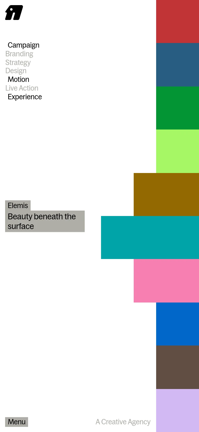 The mobile version presents a simplified vertical layout with a large agency logo and a list of services including Motion and Experience. A prominent grey callout box features the text 'Elemis: Beauty beneath the surface' next to a column of colorful blocks. A 'Menu' button is positioned at the bottom left, and the text 'A Creative Agency' appears at the bottom right.