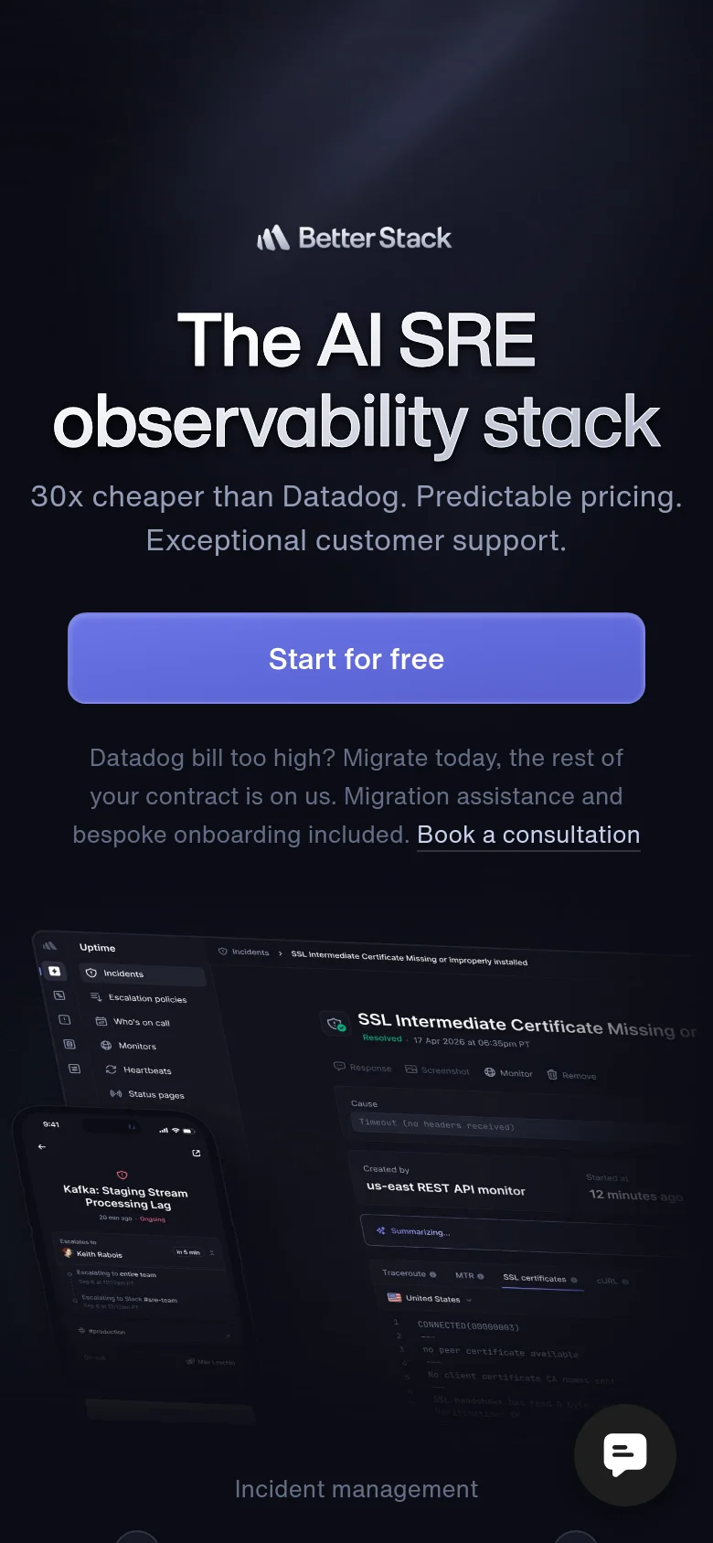 The mobile version presents a vertically stacked layout with the main headline and 'Start for free' call to action centered at the top. The dashboard graphic is repositioned below the main text, and the customer logo strip is simplified to fit the narrow viewport.