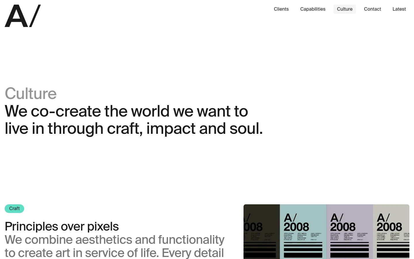 The desktop page features a minimalist white background with large, bold black typography for the 'Culture' headline and mission statement. Below the text, a section titled 'Craft' includes a subheadline and a grid of four vertical image thumbnails on the right side. The navigation menu is located at the top right, displaying links for Clients, Capabilities, Culture, Contact, and Latest.