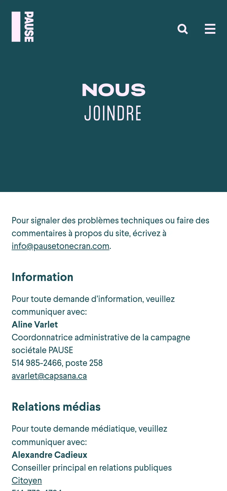 The mobile version maintains the dark teal hero section with the white 'NOUS JOINDRE' heading, but the layout is vertically stacked for smaller screens. The top navigation is condensed into a hamburger menu icon next to a search icon. The content below follows a single-column format on a white background, presenting contact details and headings in a clear, readable list.