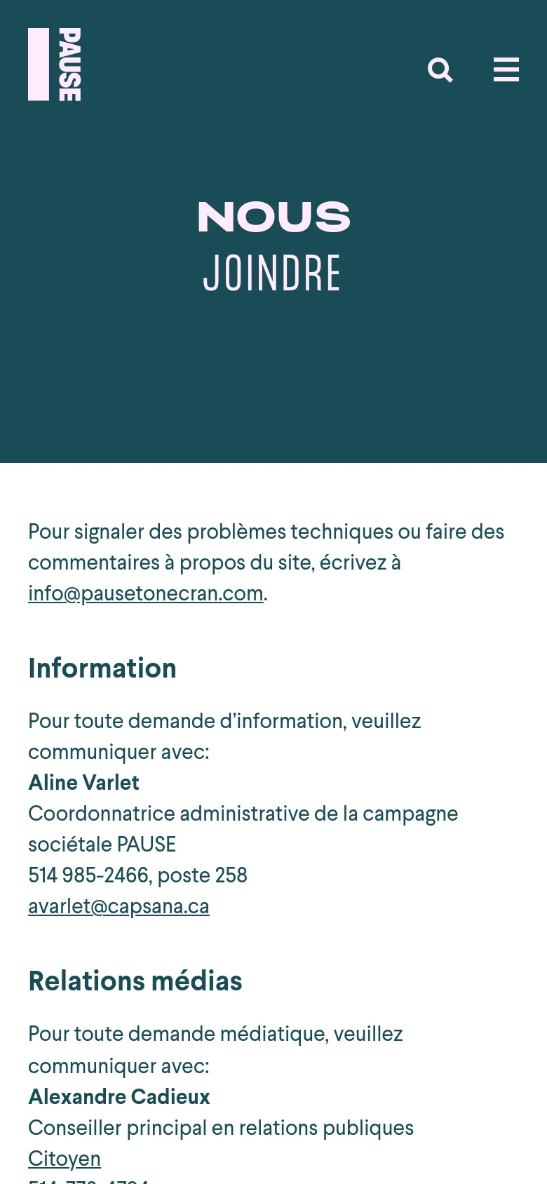 The mobile version maintains the dark teal hero section with the white 'NOUS JOINDRE' heading, but the layout is vertically stacked for smaller screens. The top navigation is condensed into a hamburger menu icon next to a search icon. The content below follows a single-column format on a white background, presenting contact details and headings in a clear, readable list.
