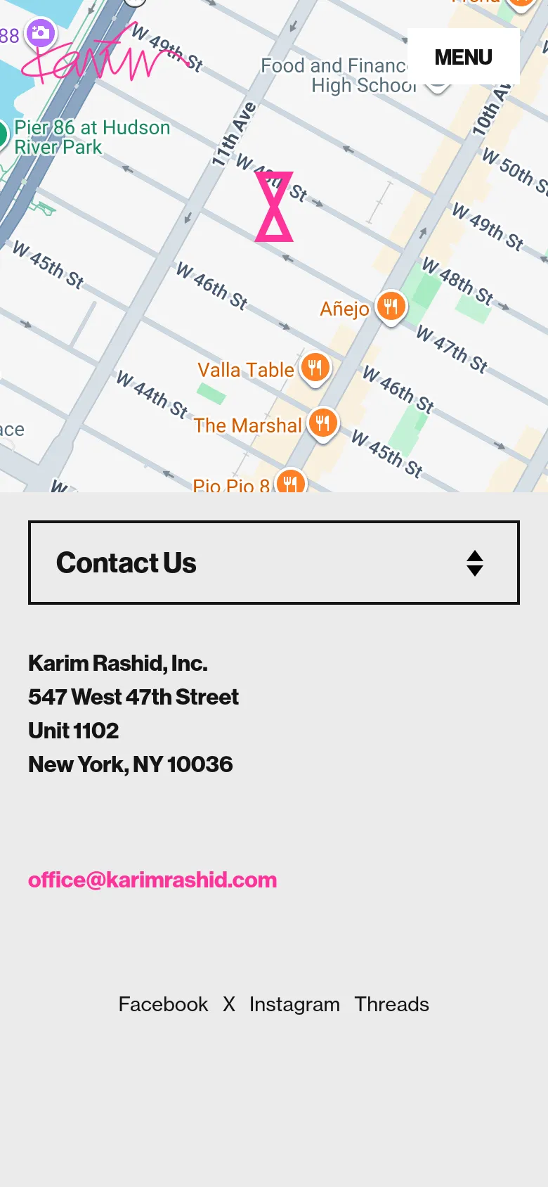 The mobile version presents a vertically stacked layout where the colorful map background is partially visible behind the content. The large 'CONTACT' text is replaced by a smaller header, and the contact details, including the dropdown menu and address, are centered for easier scrolling on a narrow screen.