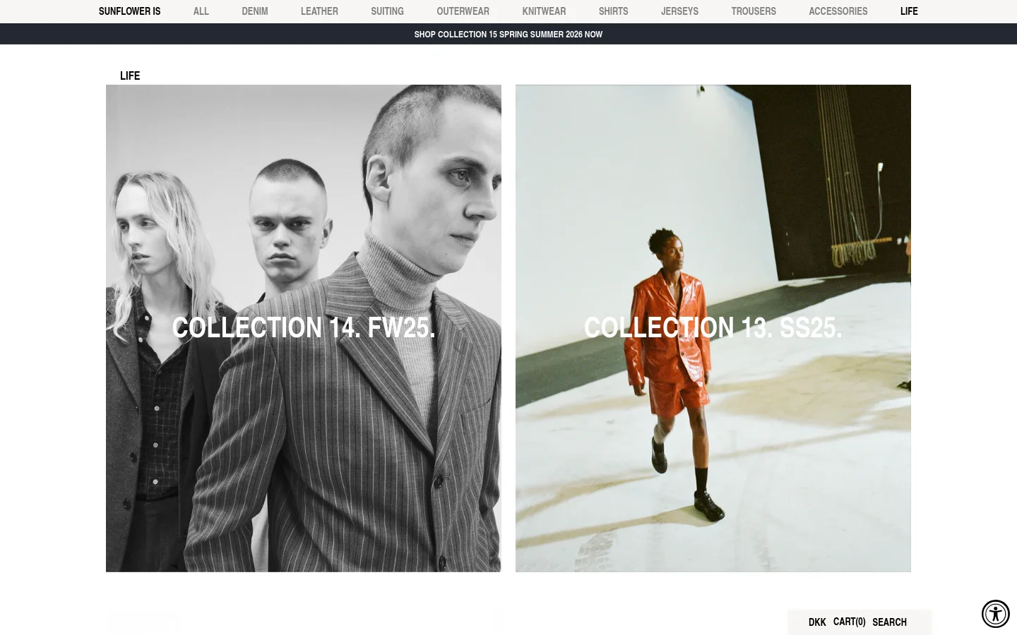 The desktop page for Sunflower's 'Life' blog features a minimalist white layout with a black top navigation bar and a centered logo. Large, high-quality editorial photographs of menswear collections are arranged in a two-column grid, each overlaid with white text identifying the collection, such as 'COLLECTION 14. FW25.'