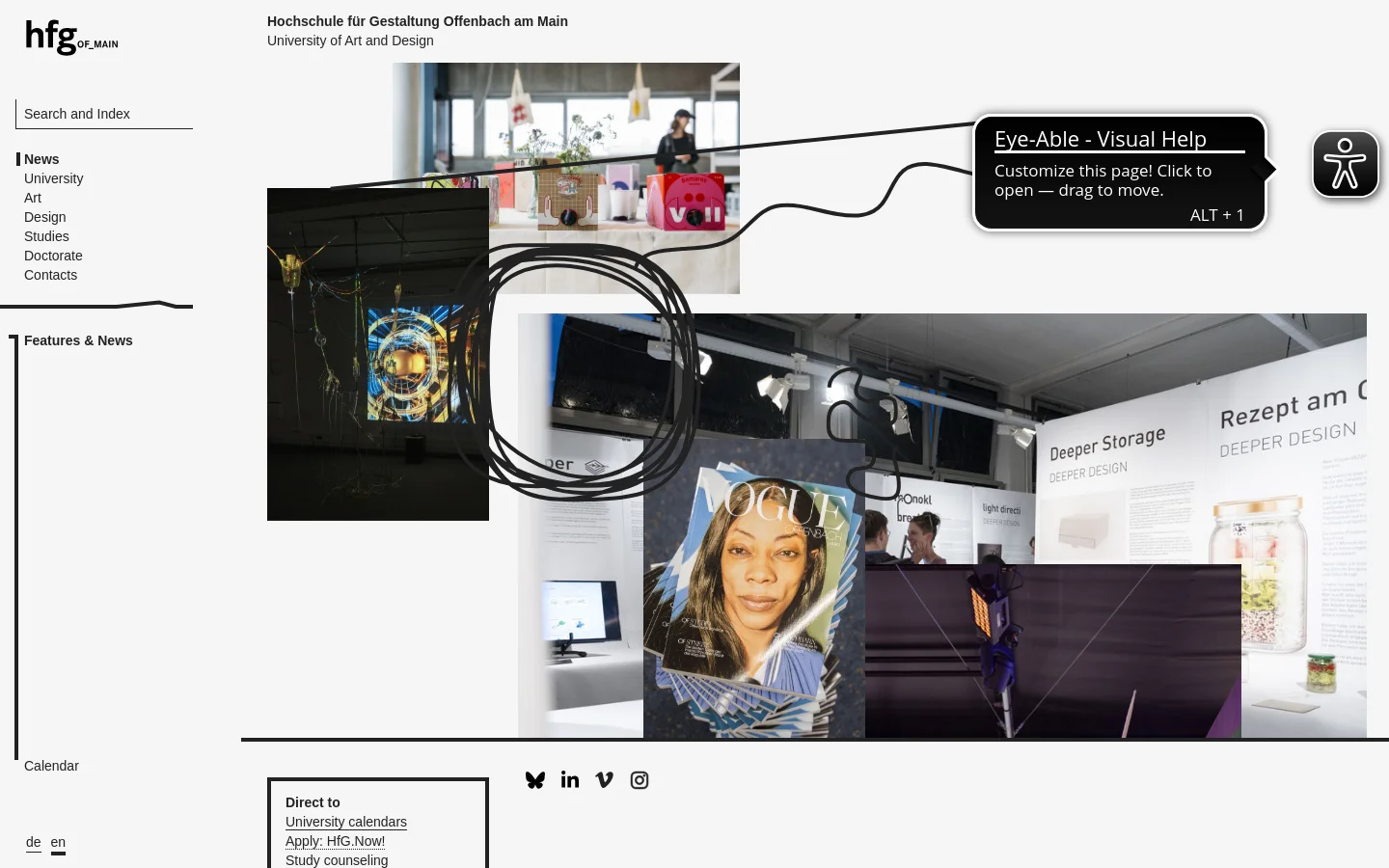 The desktop News page features a minimalist white layout with a sidebar navigation on the left and a large, collage-style hero section containing various artistic photographs. A 'Direct to' box provides quick links, followed by a 'Features' section with job ads and a 'News' section listing chronological articles with text summaries.