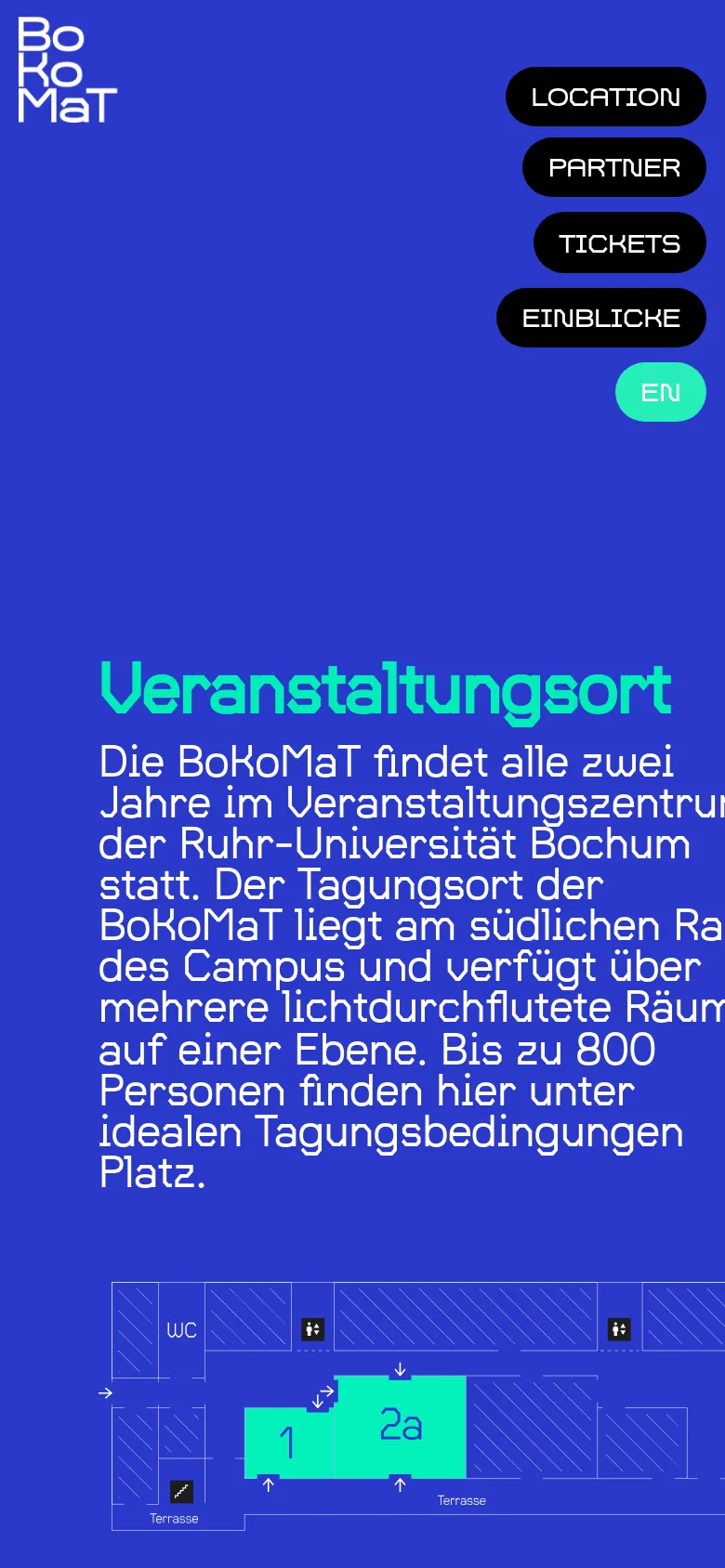 The mobile version maintains the blue and neon green color scheme but uses a vertical, single-column layout. The navigation buttons are moved to a stacked position on the right side, and the text and floor plan diagram are scaled down to fit the narrower screen width.