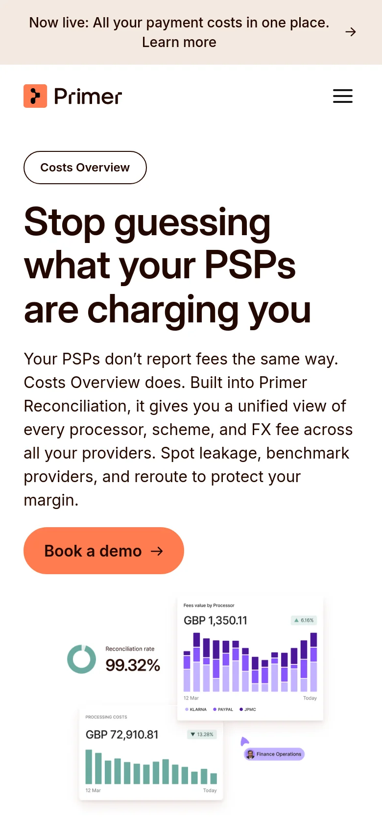 The mobile version presents a vertically stacked layout with the headline and description centered above the orange 'Book a demo' button. The data visualization graphics are repositioned below the text, appearing smaller and more compact to fit the narrow screen width.