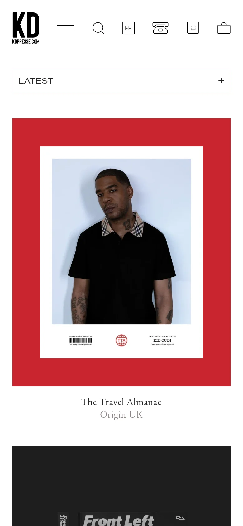 The mobile version presents a simplified interface with a hamburger menu, search icon, and shopping bag in the header. The 'LATEST' dropdown menu spans the width of the screen, followed by a single-column vertical scroll of magazine covers. Each magazine is displayed within a large colored block, with the title and origin centered underneath.