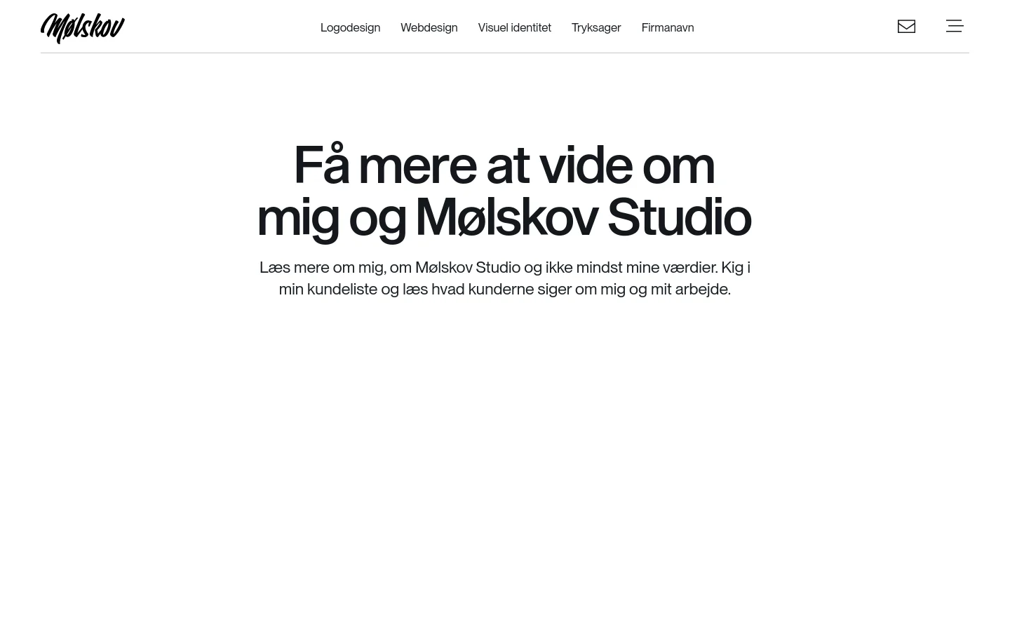 The desktop page features a clean, minimalist white layout with a large centered headline and subtext. Below the text is a wide hero image showing hands working with a smartphone and laptop, followed by a dark section containing a grid of white client logos. The navigation bar at the top includes the Mølskov logo, service links, an email icon, and a hamburger menu.