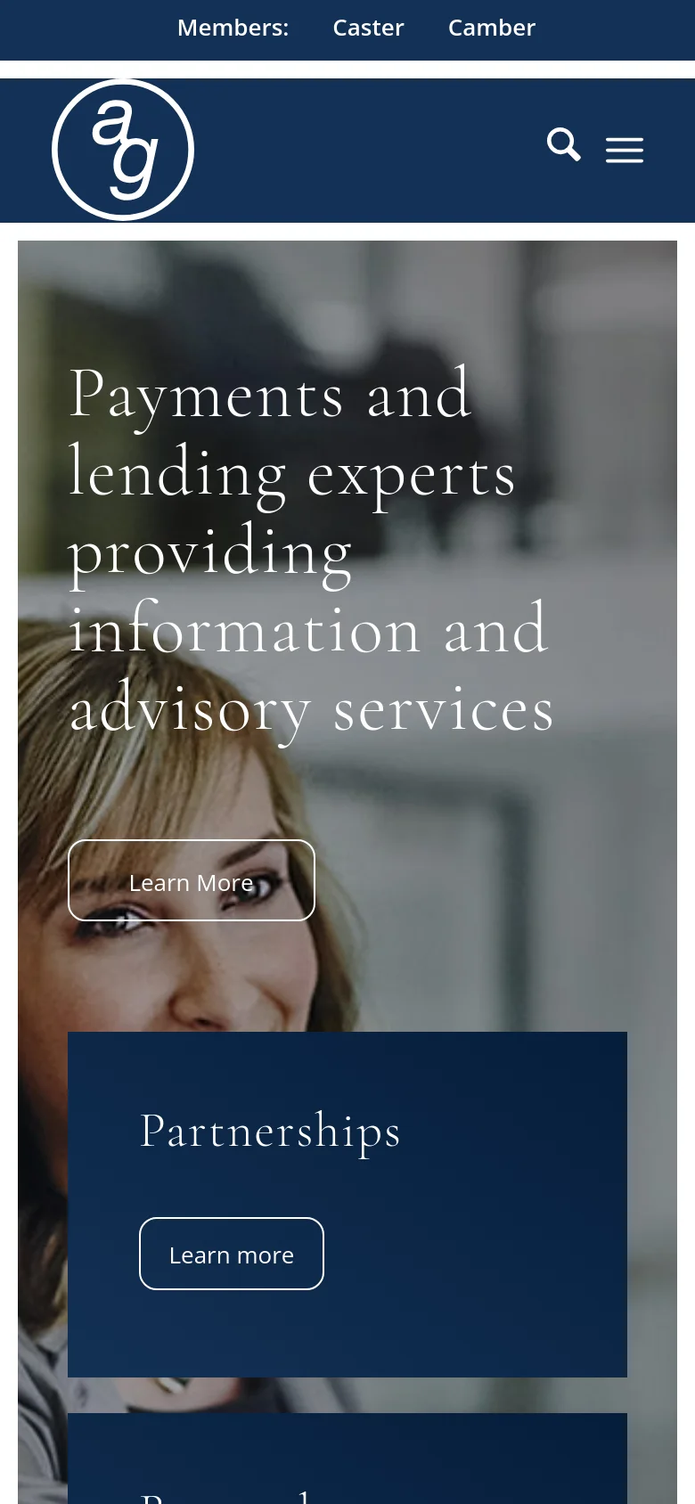 The mobile version presents a vertically stacked layout with the hero image and headline at the top. The dark blue service cards, such as Partnerships, are stacked vertically instead of horizontally to fit the narrow screen. The navigation menu is condensed into a hamburger icon next to a search icon in the header.