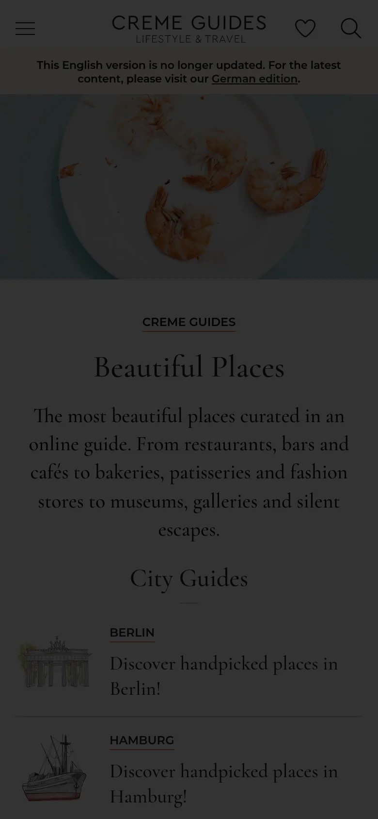 The mobile version presents a vertically stacked layout with the hero image at the top, followed by the 'Beautiful Places' headline and description. The 'City Guides' section follows, displaying city names and descriptions with line art illustrations arranged in a single column for easier scrolling.