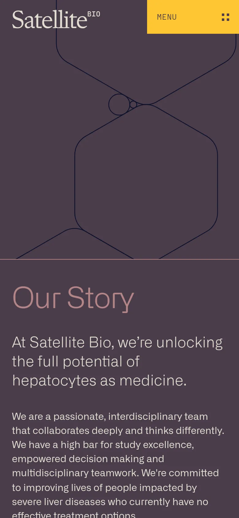 The mobile version maintains the dark purple theme and geometric line art but uses a more compact layout. The 'MENU' button is transformed into a prominent yellow rectangular button at the top right, and the 'Our Story' headline and mission text are stacked vertically to fit the narrower screen width.