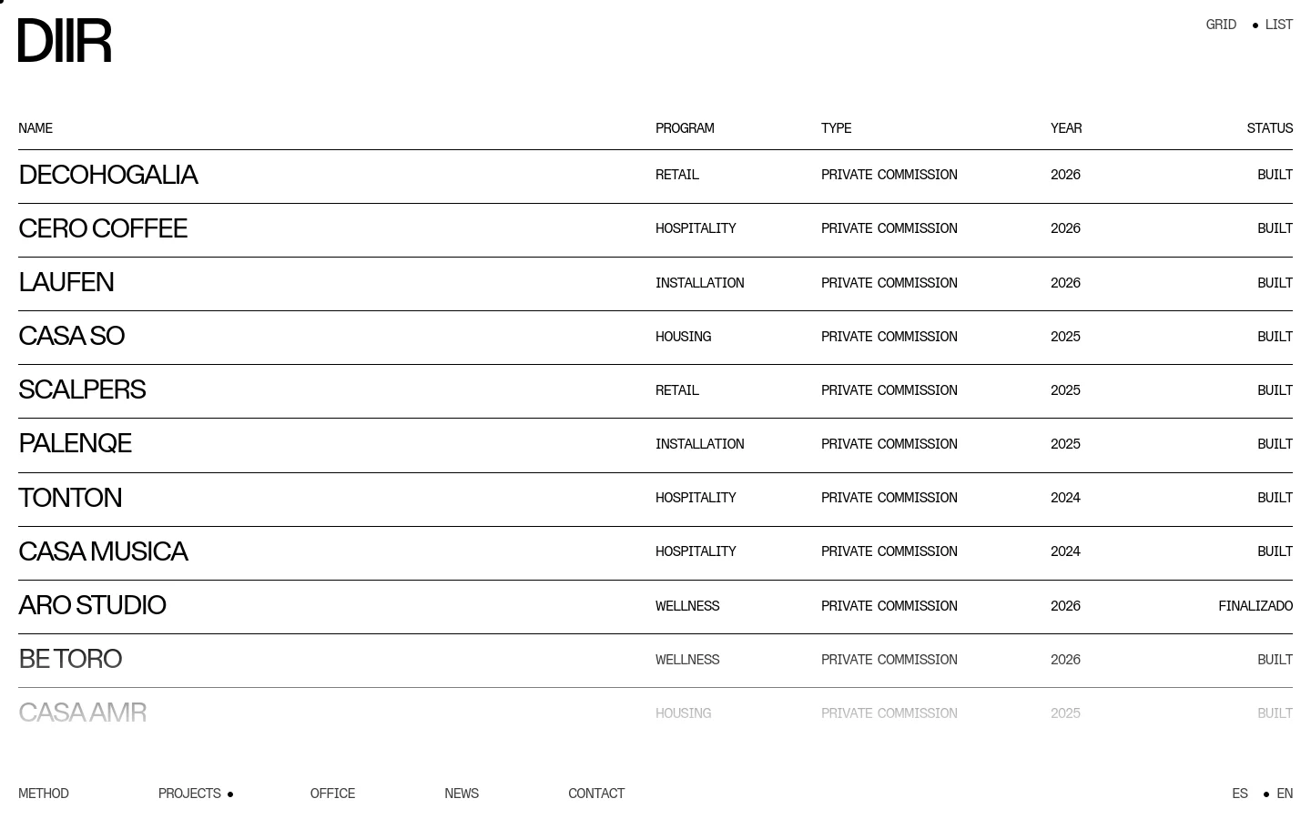 The desktop version of the Projects page features a minimalist white background with black text. A navigation menu at the top includes the DIIR logo, links to Grid and List views, and site sections like Method, Projects, and Office. The main content is a detailed list of architectural projects organized in columns by Name, Program, Type, Year, and Status.