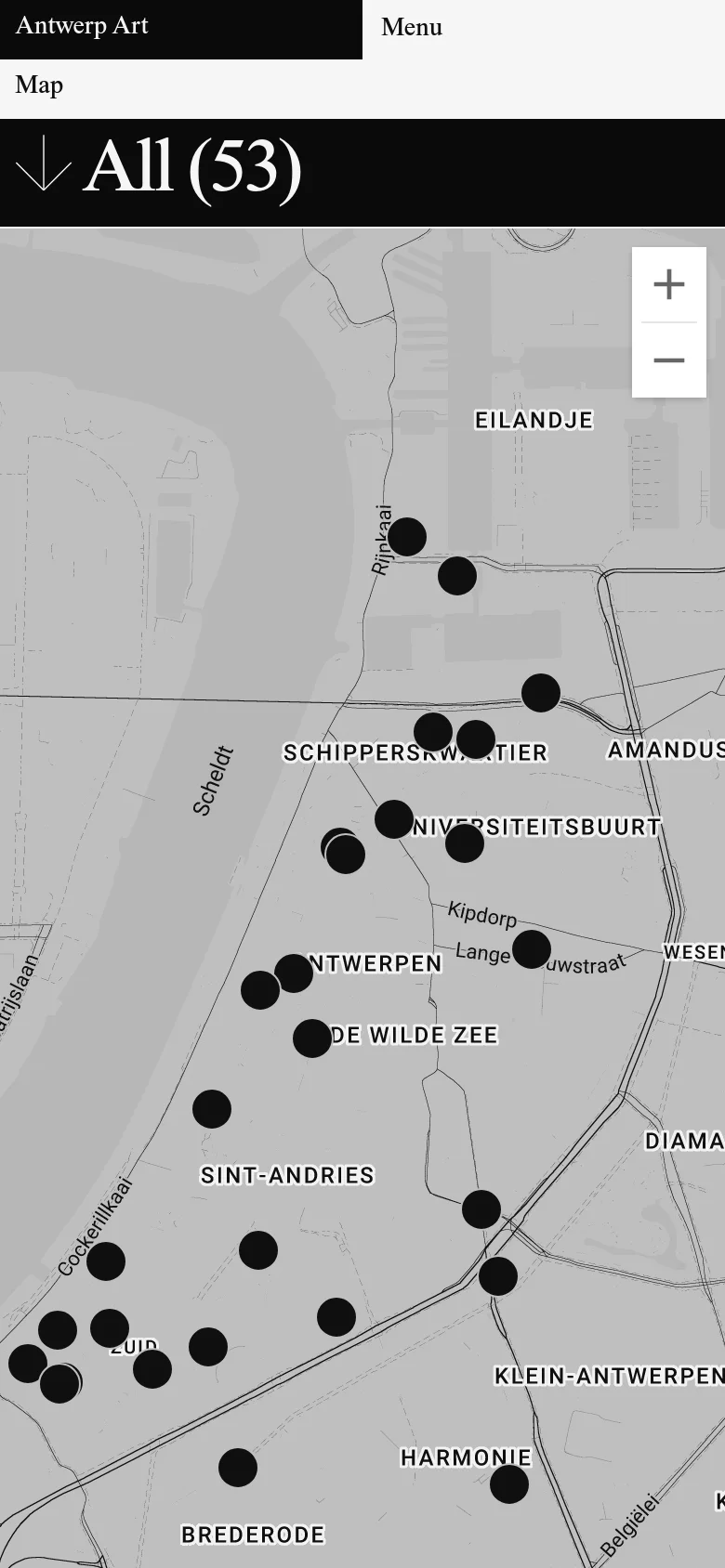 The mobile version shows the same interactive grayscale map with black location markers, but the layout is condensed. The header 'All (53)' remains prominent at the top, and the navigation menu is collapsed into a 'Menu' button, making the map the primary focus of the screen.