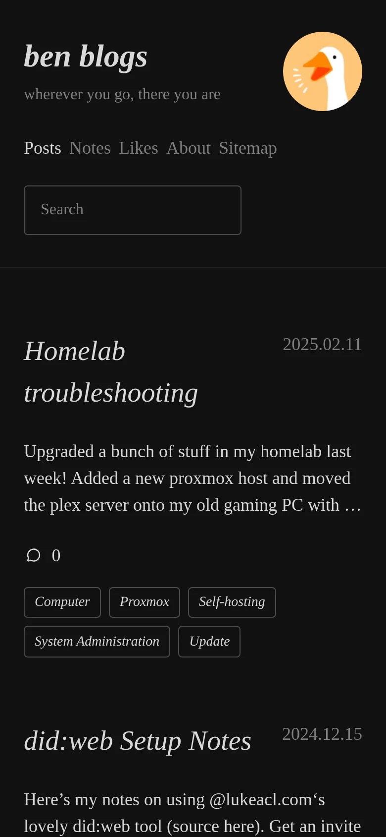 The mobile version maintains the dark theme and minimalist aesthetic but uses a single-column layout. The header elements, including the bird logo and navigation links, are stacked vertically above the search bar to fit the narrower screen width.