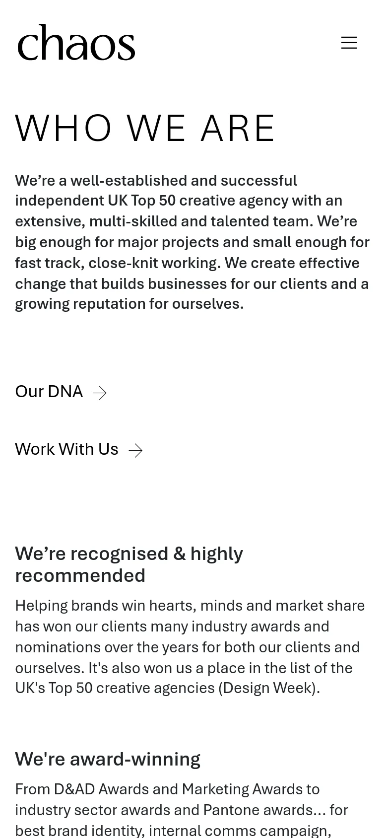 The mobile version uses a single-column vertical layout with a simplified header containing the logo and a hamburger menu icon. The 'Who We Are' content, including the introductory text, links, and three sections of descriptive text, is stacked vertically. The award logos and team member headshots also transition into a single-column stack for easier scrolling.