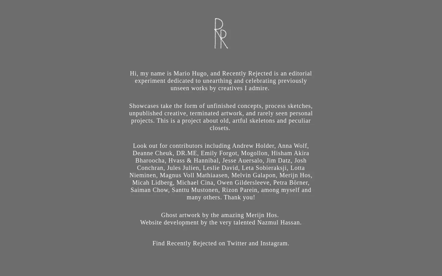 A minimalist desktop page with a dark gray background and white serif text. A stylized 'RR' logo sits at the top center, followed by an introductory text about the editorial project, a long list of contributors, and credits for artwork and development.