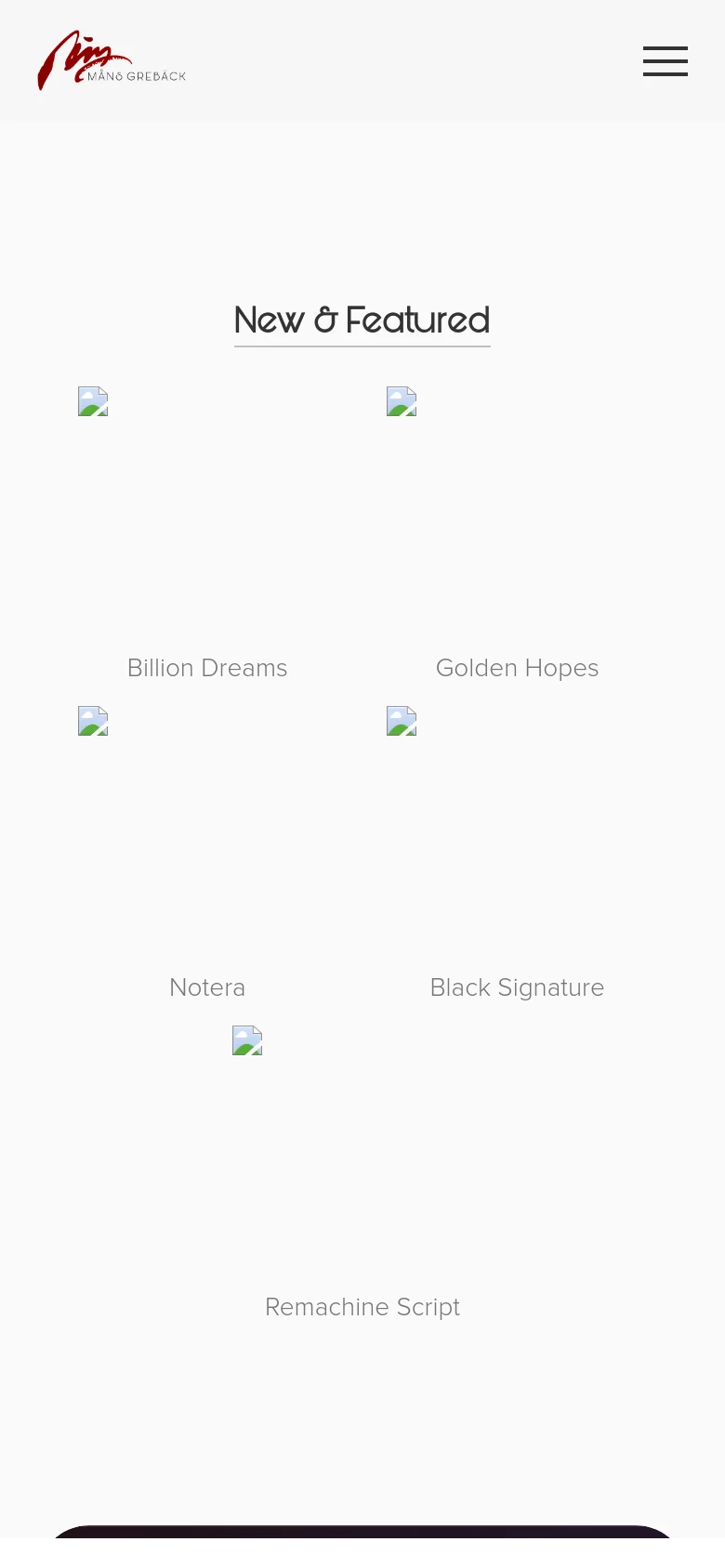 The mobile version features a simplified layout with the red signature logo on the left and a hamburger menu icon on the right. The 'New & Featured' section transitions to a single-column vertical stack of typeface preview images and titles. The colorful 'Artist Bundle' banner remains at the bottom of the view.