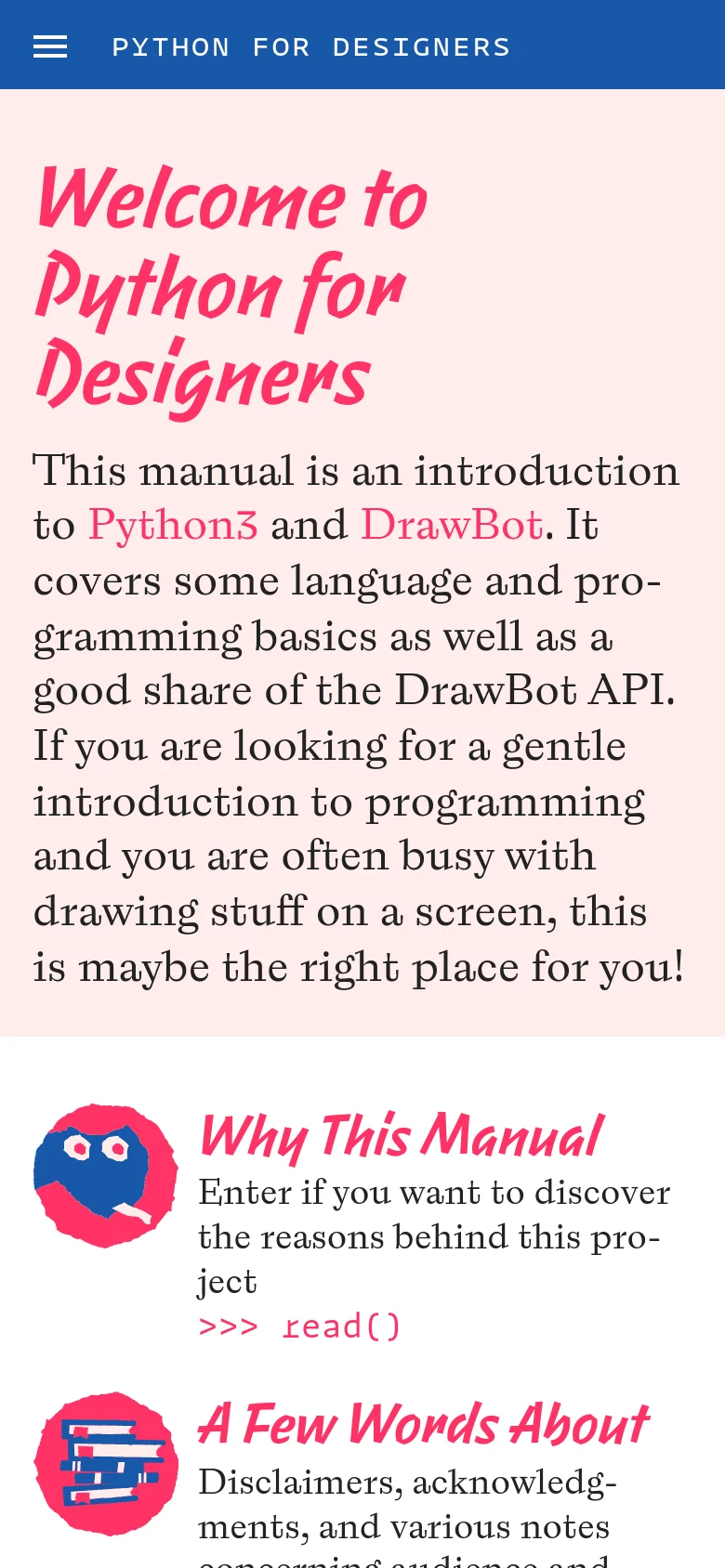 The mobile version presents a single-column vertical layout. The pink hero section and introductory text appear at the top, followed by the chapter sections which are stacked vertically instead of in a grid. Each chapter includes its circular icon, pink title, description, and 'read()' link, with a blue hamburger menu icon replacing the top navigation bar.