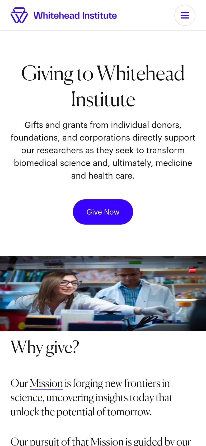 The mobile version maintains the same white background and serif typography but uses a condensed layout with a hamburger menu icon in the top right. The headline, descriptive text, and purple 'Give Now' button are stacked vertically above a cropped version of the laboratory hero image. The 'Why give?' section follows immediately below the image.