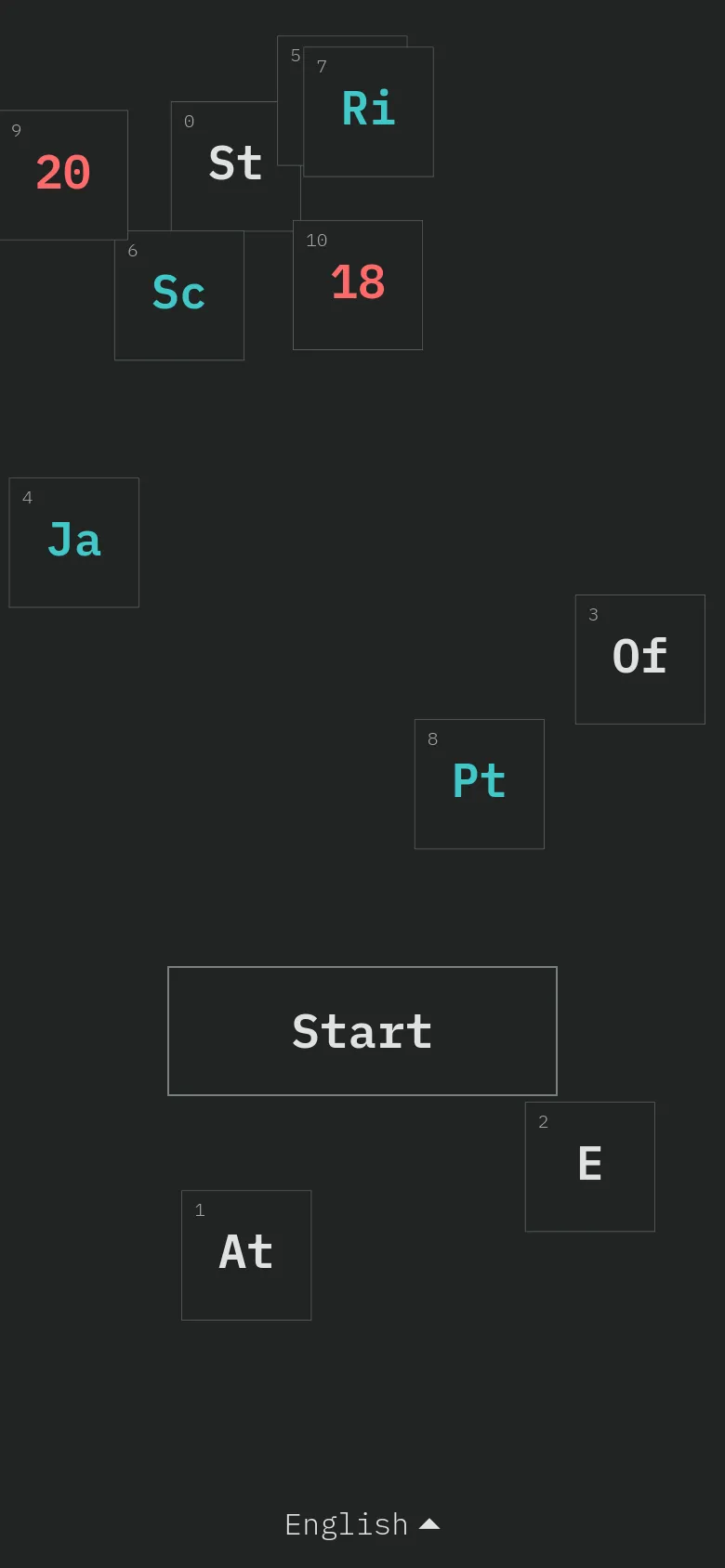 The mobile version maintains the dark theme but rearranges the numbered text tiles into a more vertical, overlapping stack. The 'Start' button remains a prominent central element, and the layout is optimized for a narrow screen with larger, more spaced-out tiles.
