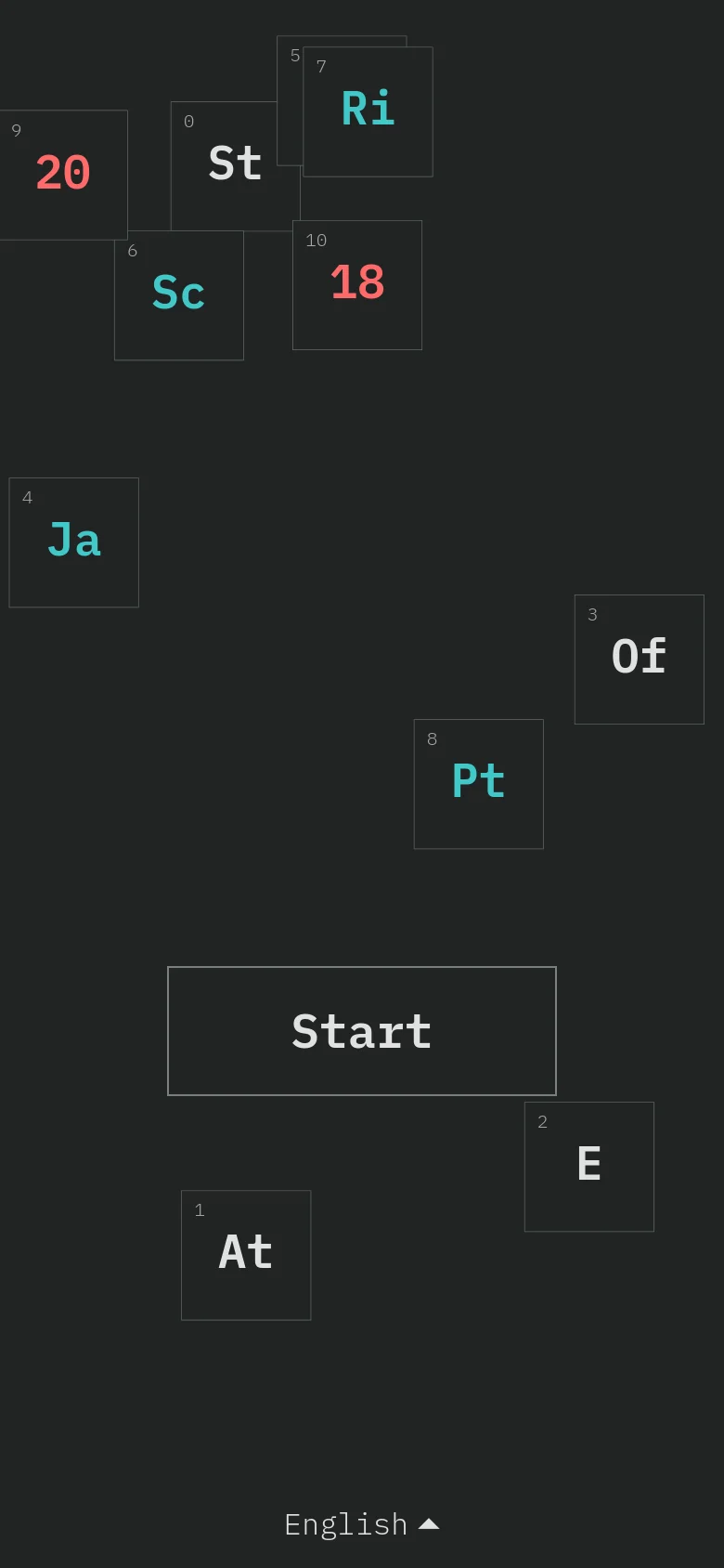 The mobile version maintains the dark theme but rearranges the numbered text tiles into a more vertical, overlapping stack. The 'Start' button remains a prominent central element, and the layout is optimized for a narrow screen with larger, more spaced-out tiles.