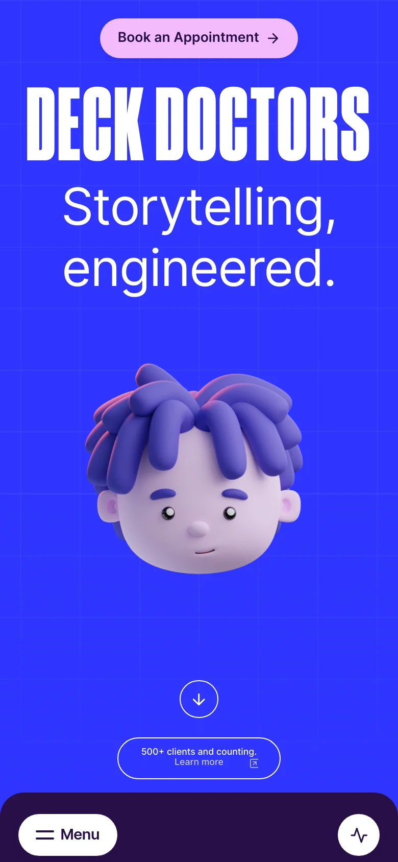 The mobile version maintains the blue grid background and large white typography but uses a vertical stack. The 'DECK DOCTORS' headline and tagline are centered above the 3D character, and the navigation is simplified with a 'Menu' button and a pulse icon at the bottom of the screen.