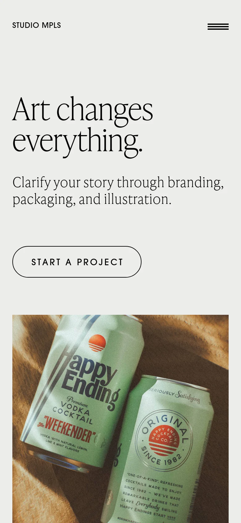 The mobile version uses a simplified layout with a hamburger menu in the top right and the brand name on the left. The hero text is centered and stacked vertically, leading to a prominent 'START A PROJECT' button and a single-column view of the project imagery.