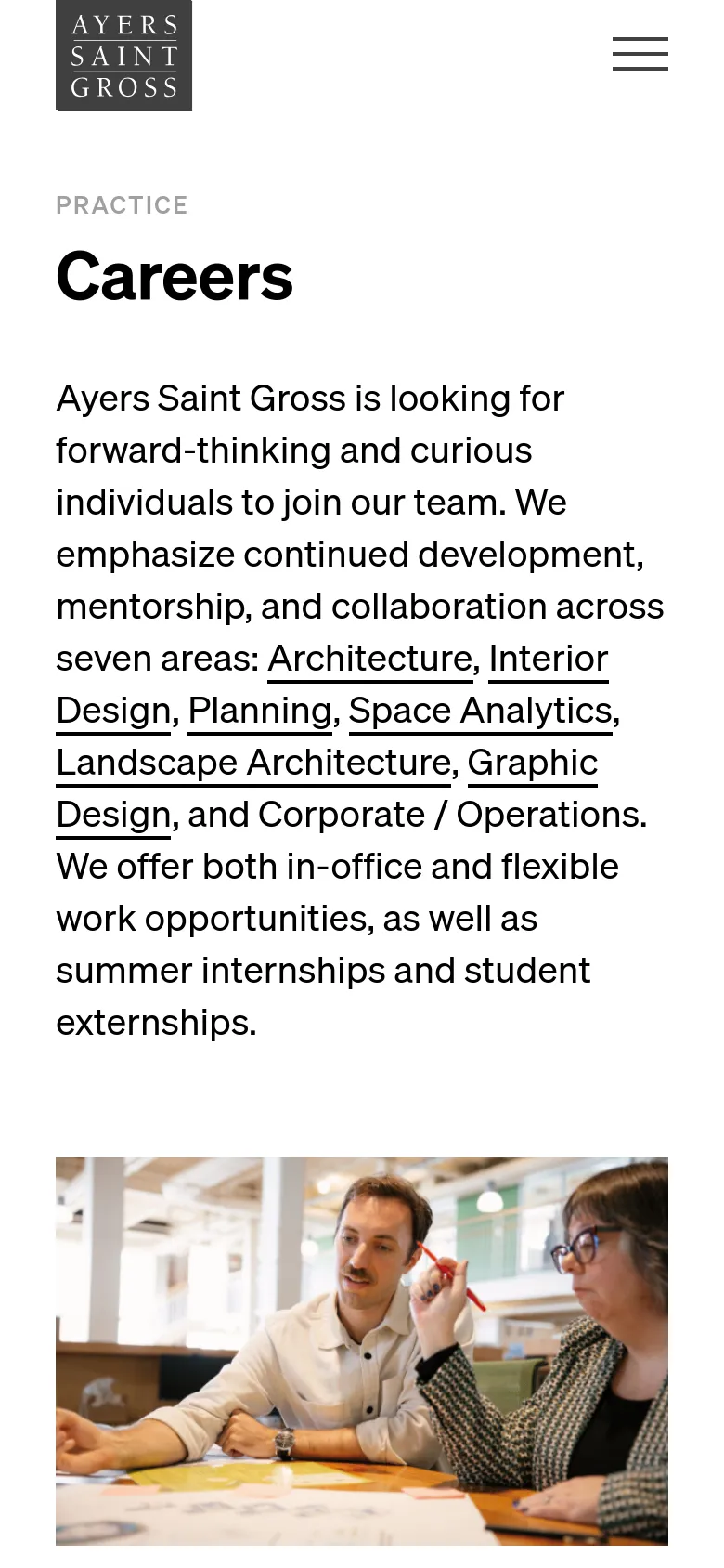 The mobile version uses a single-column layout, stacking the text content above the hero image. The top navigation is condensed into a hamburger menu icon next to the company logo, and the text is scaled for easier reading on a smaller screen.
