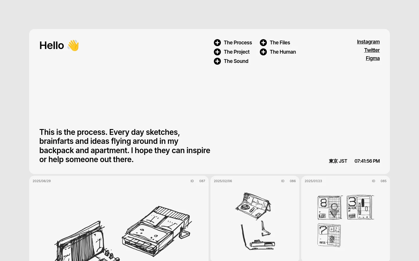 A minimalist website homepage with a light gray background and a large white card containing a greeting, navigation links with plus icons, and social media links. Below the card, a grid of black and white sketches is displayed with dates and ID numbers. The layout is spacious with clean typography.