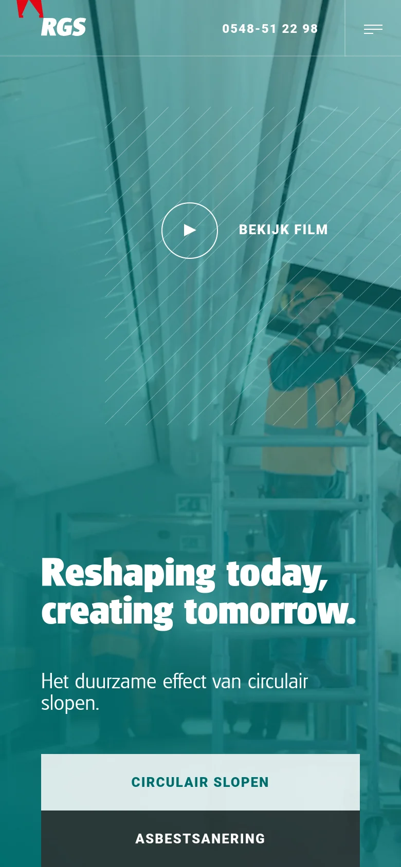 The mobile version presents a vertically oriented view of the teal-tinted hero image with the main headline and subheadline centered. The navigation is condensed into a hamburger menu, and the primary call-to-action buttons are stacked vertically at the bottom of the screen.