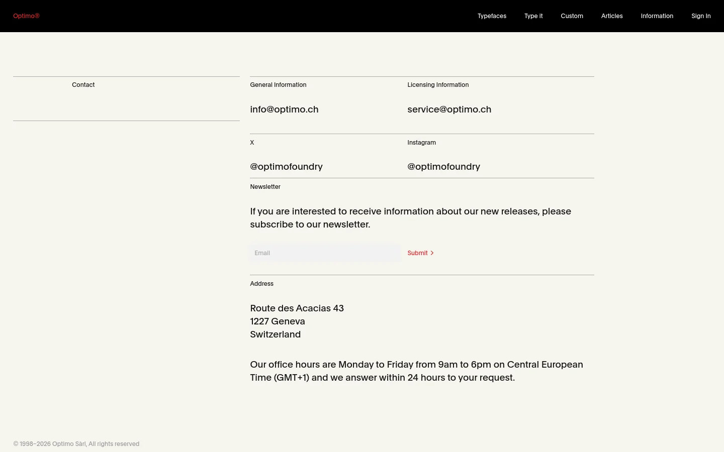 The desktop contact page features a minimalist design with a black navigation bar at the top and a light gray background. Contact details are organized into a multi-column grid layout with headings for General Information, Licensing Information, social media links, a newsletter signup field, and the physical address in Geneva.