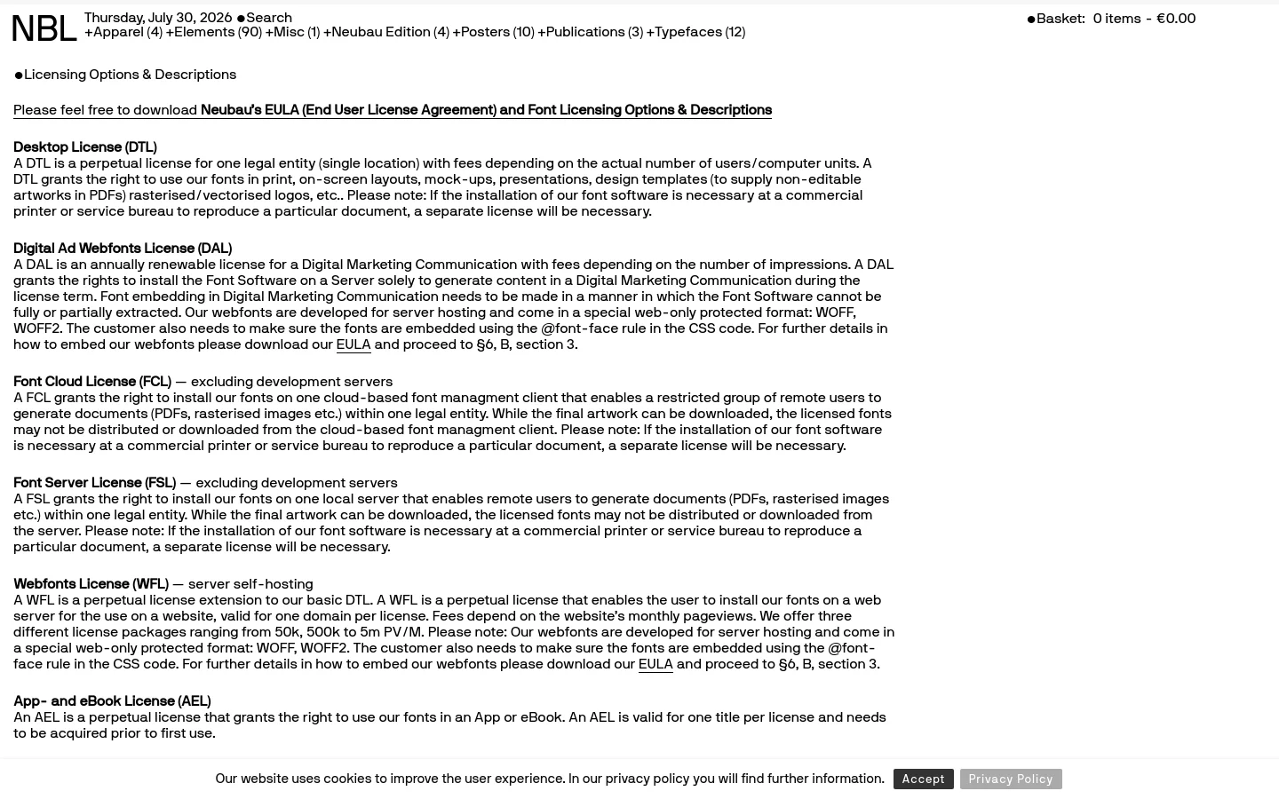 A minimalist desktop webpage with a white background and black text. The page features a header with navigation links and a search bar, followed by a large H1 title 'Licensing Options & Descriptions' and a download link. Detailed text sections describe various font licenses like Desktop, Digital Ad Webfonts, and Font Cloud licenses.