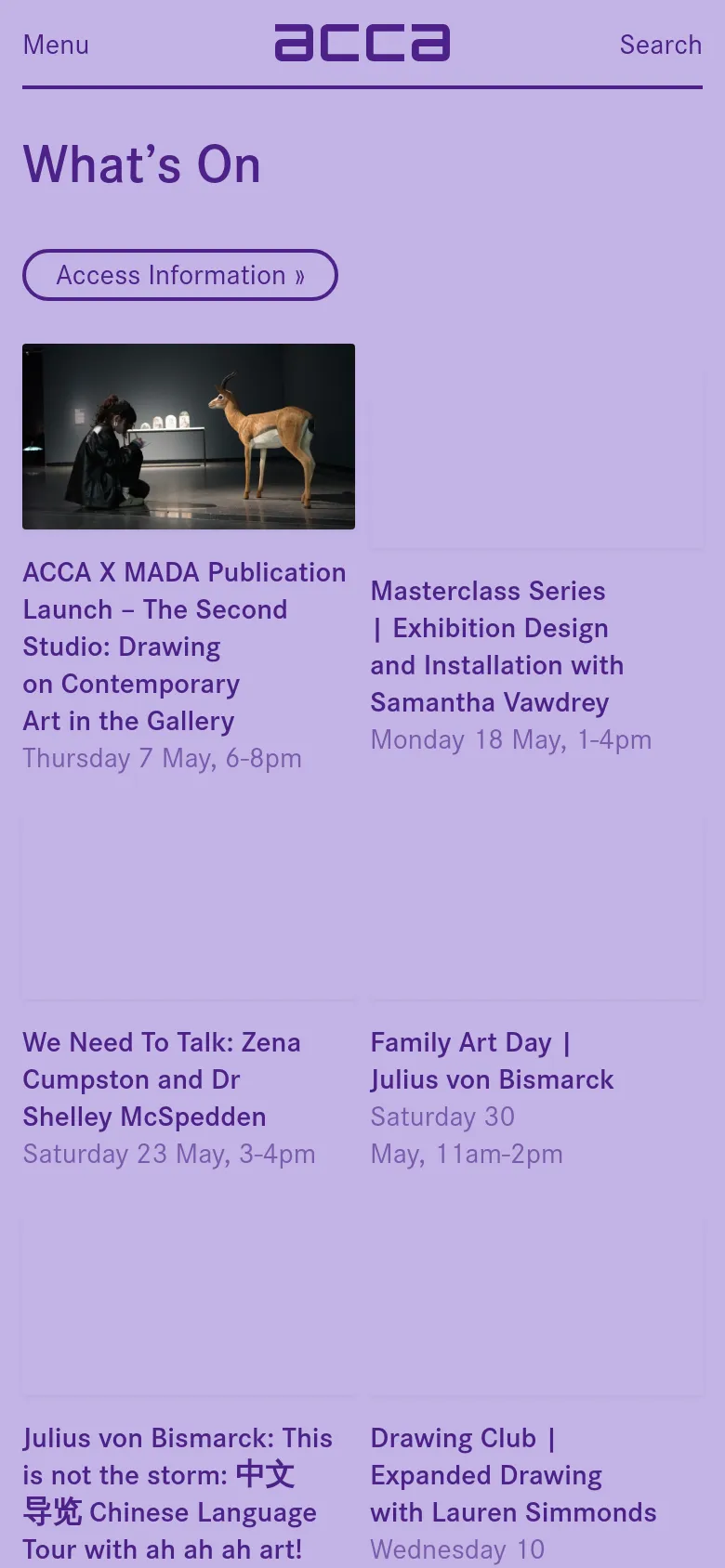 The mobile version presents a simplified single-column layout with the 'acca' logo and menu options at the top. The event listings are stacked vertically, showing one large image and its corresponding title and date per row to optimize for vertical scrolling.