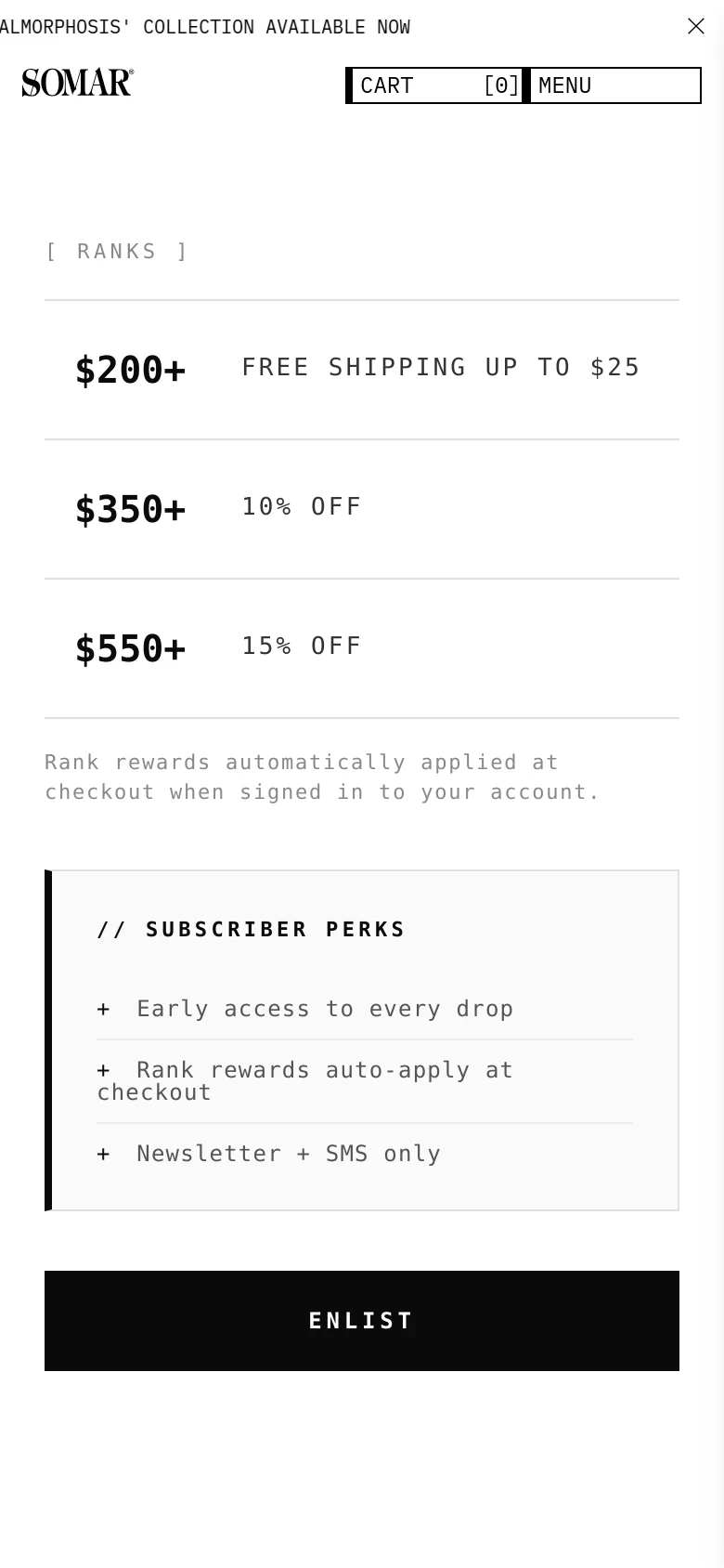 The mobile version maintains the minimalist black-on-white aesthetic but uses a more compact, vertically stacked layout. The navigation menu is condensed, and the text for the rank tiers and subscriber perks is centered to fit the narrower screen width. The large black 'ENLIST' button spans the width of the screen at the bottom.